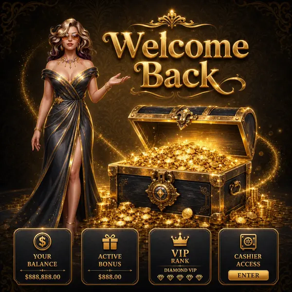 Fortuingodin staat naast schatkist bij Lira Spin Casino login portaal