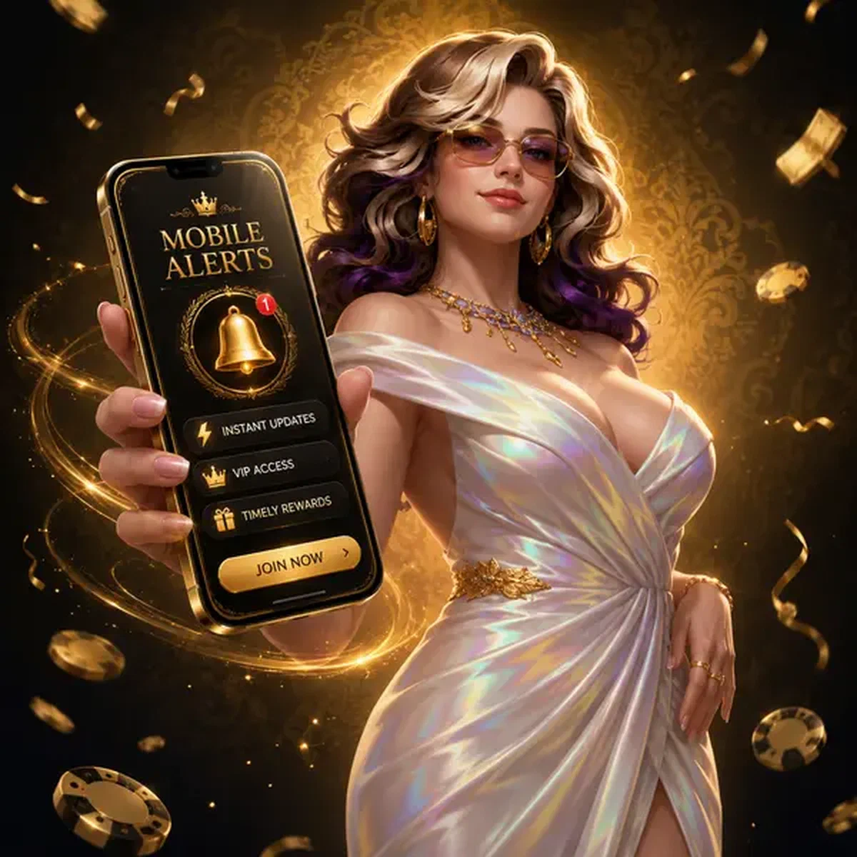 Fortuingodin houdt Lira Spin mobiele app vast met gouden meldingen die het scherm verlichten