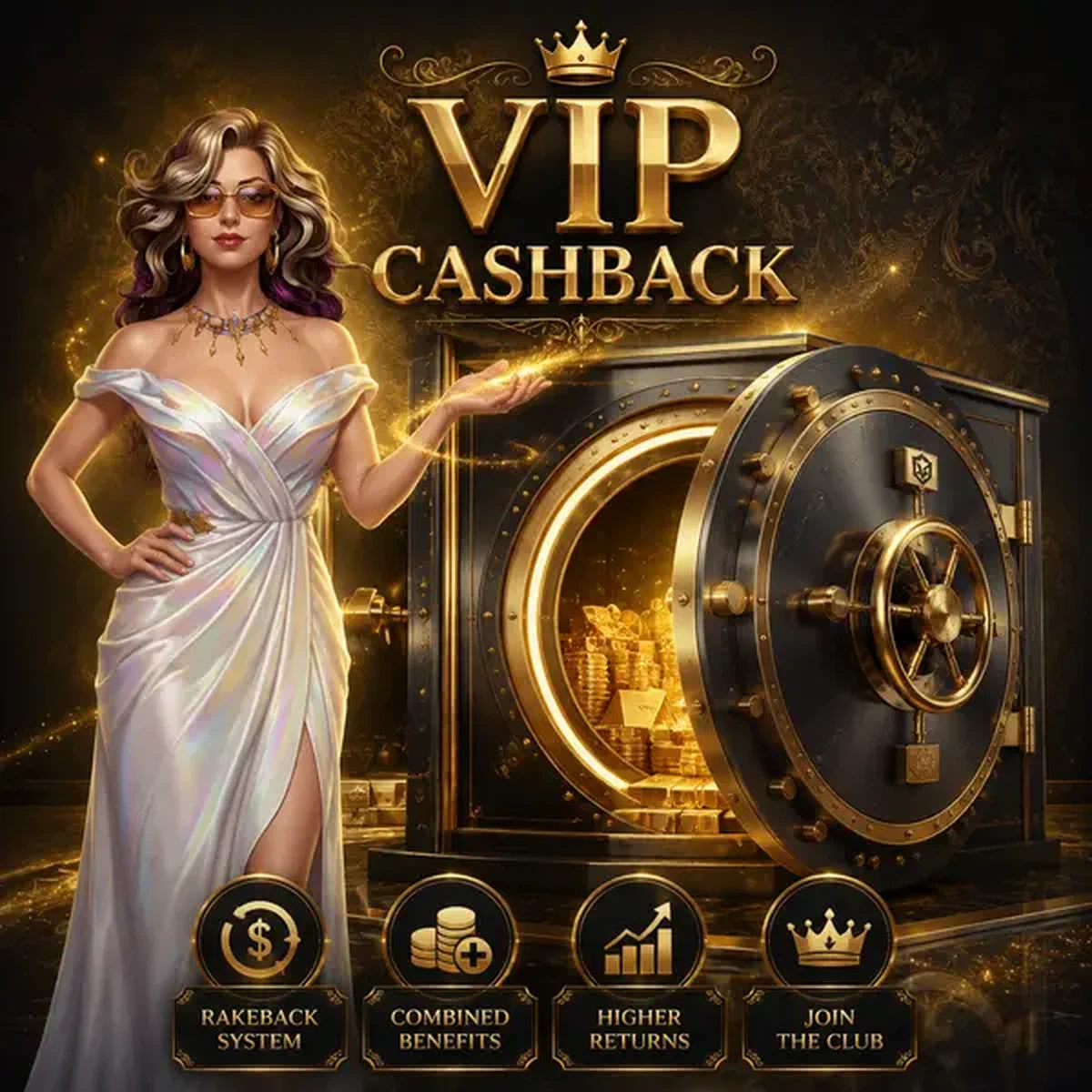Fortuingodin naast gouden VIP Cashback kluis bij Lira Spin Casino met bonusbeloningen