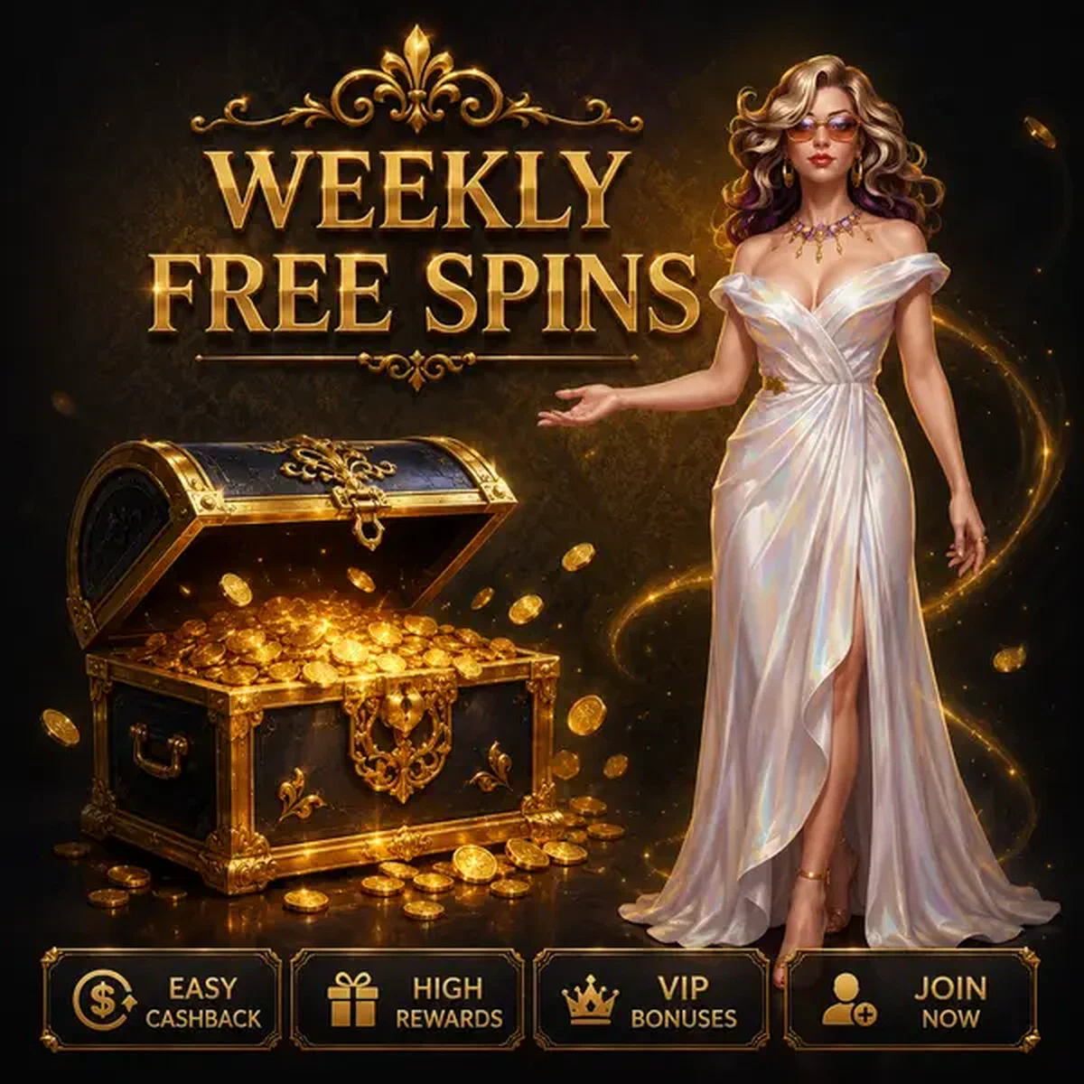 Elegante fortuingodin gebarend naar schatkist met free spins in LiraSpin's lobby