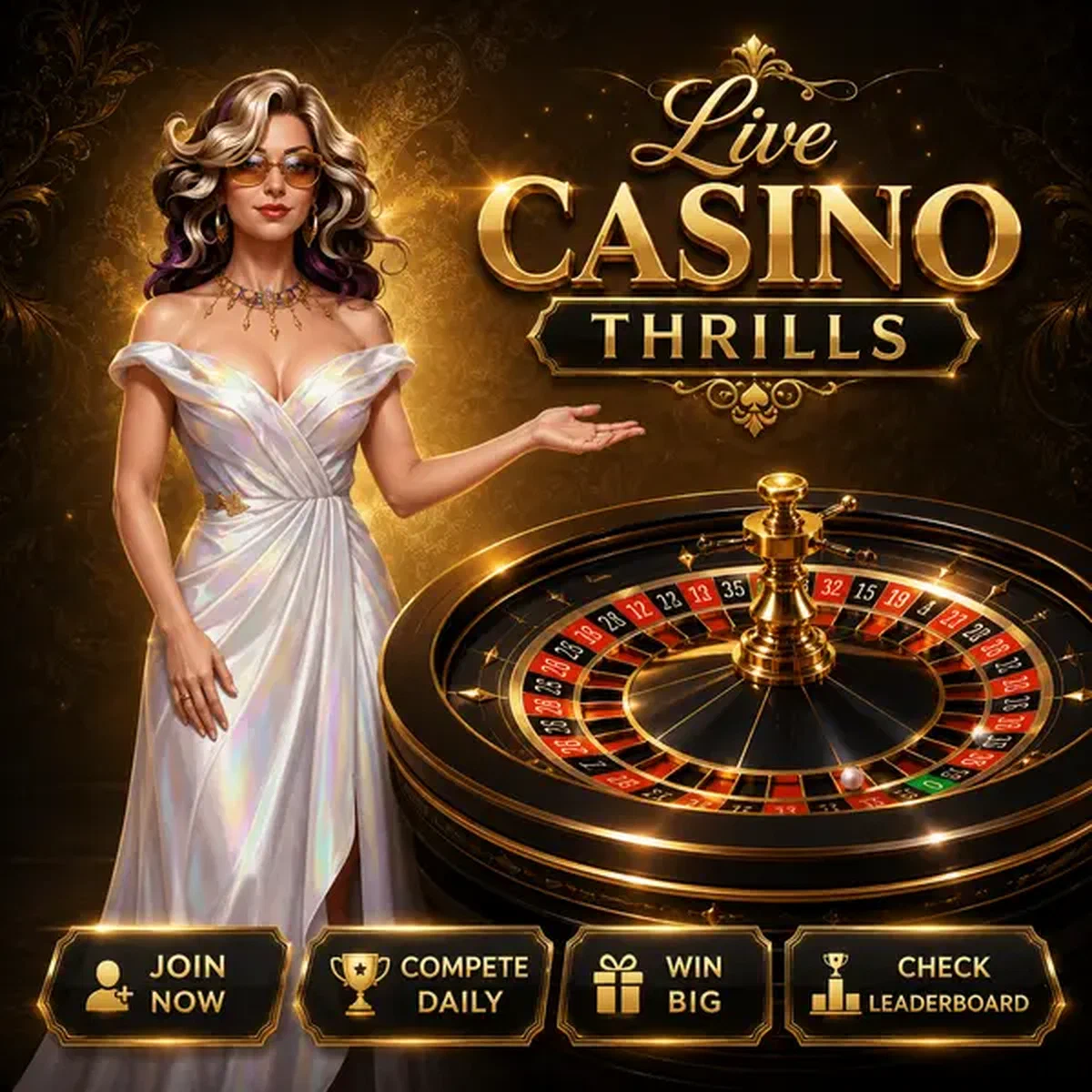 Fortuingodin gebaart naar live casino roulettewiel bij glamoureus Lira Spin