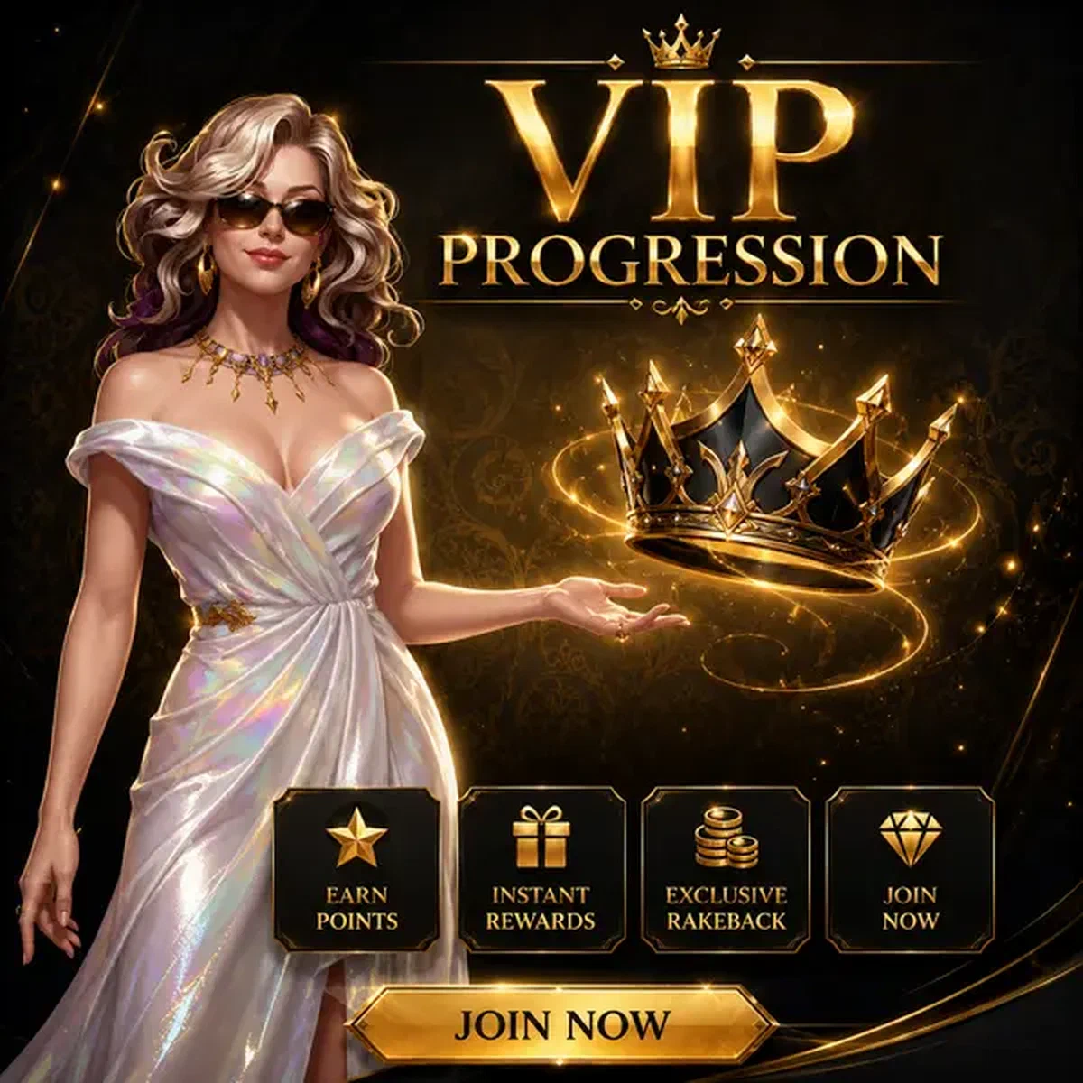 Fortuingodin gebaart naar gouden kroon terwijl speler deelneemt aan VIP Progression beloningsprogramma